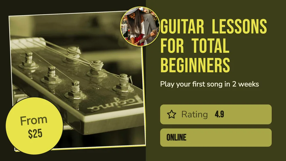 A guitar lessons gig thumbnail designed by AI in bold neon yellow