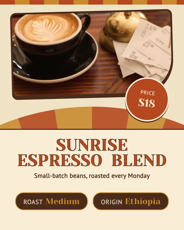A coffee card designed by AI as a retro 70s poster with sunburst stripes
